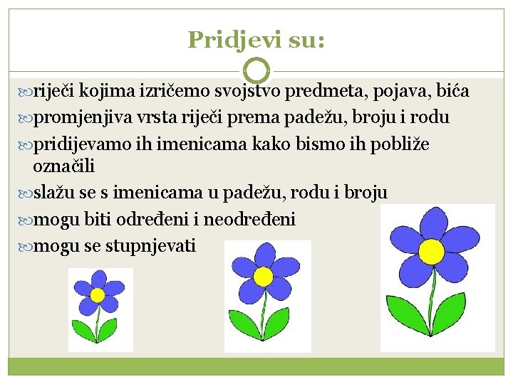 Pridjevi su: riječi kojima izričemo svojstvo predmeta, pojava, bića promjenjiva vrsta riječi prema padežu,