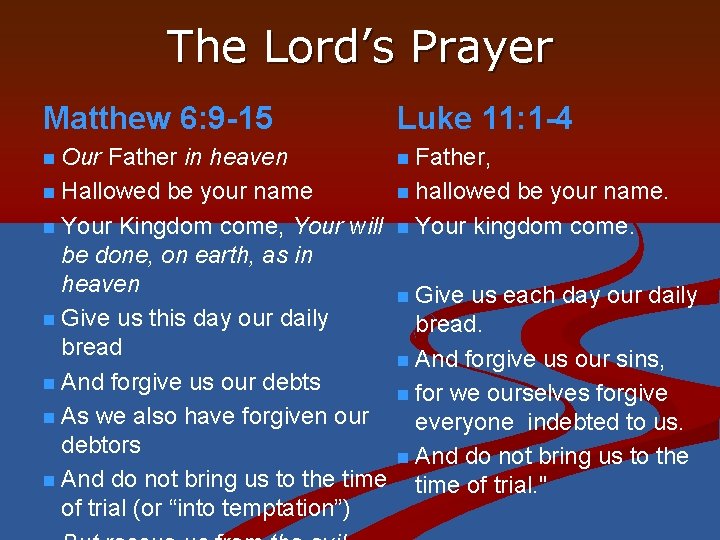 The Lord’s Prayer Matthew 6: 9 -15 n Our Luke 11: 1 -4 Father