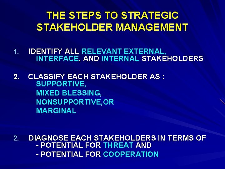 THE STEPS TO STRATEGIC STAKEHOLDER MANAGEMENT 1. IDENTIFY ALL RELEVANT EXTERNAL, INTERFACE, AND INTERNAL