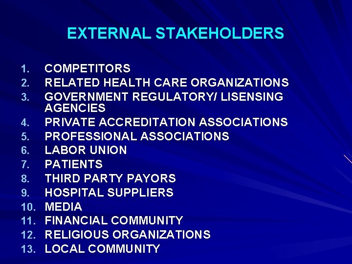 EXTERNAL STAKEHOLDERS 1. 2. 3. 4. 5. 6. 7. 8. 9. 10. 11. 12.