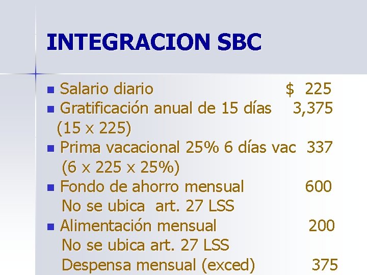 INTEGRACION SBC Salario diario $ 225 n Gratificación anual de 15 días 3, 375