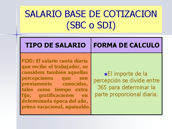 SALARIO BASE DE COTIZACION (SBC o SDI) TIPO DE SALARIO FIJO: El salario cuota