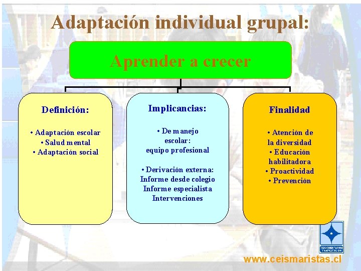 Adaptación individual grupal: Aprender a crecer Definición: Implicancias: Finalidad • Adaptación escolar • Salud