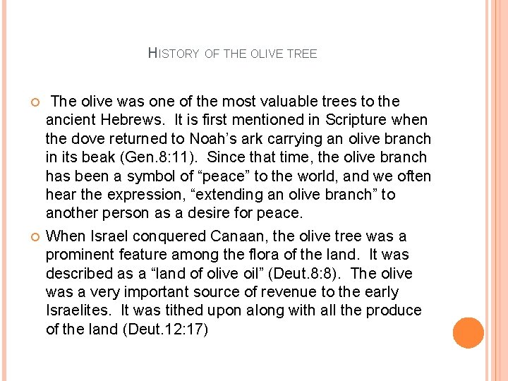 HISTORY OF THE OLIVE TREE The olive was one of the most valuable trees