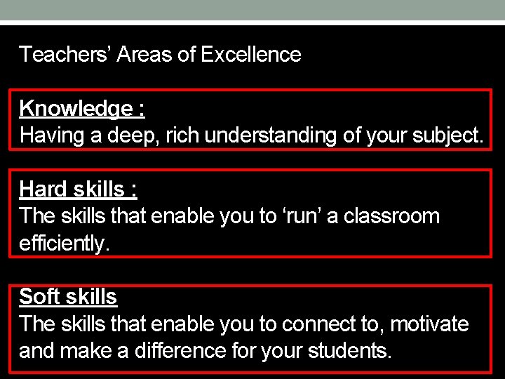 Teachers’ Areas of Excellence Knowledge : Having a deep, rich understanding of your subject.