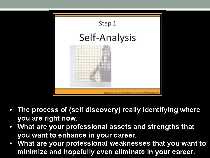  • The process of (self discovery) really identifying where you are right now.