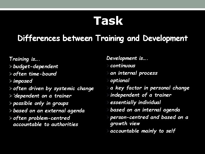 Task Differences between Training and Development Training is…. Ø budget-dependent Ø often time-bound Ø