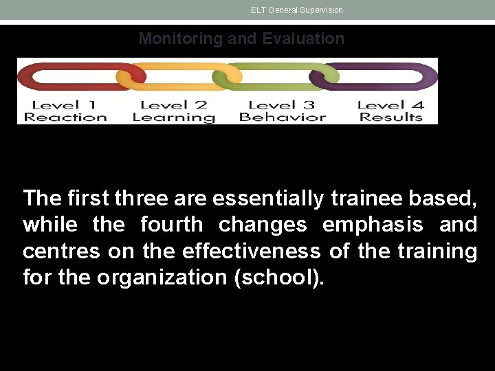 ELT General Supervision Monitoring and Evaluation The first three are essentially trainee based, while