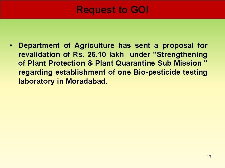 Request to GOI • Department of Agriculture has sent a proposal for revalidation of