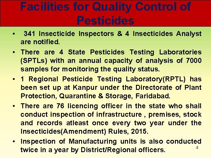  Facilities for Quality Control of Pesticides • 341 Insecticide Inspectors & 4 Insecticides