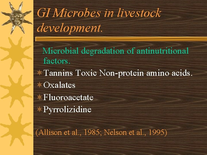 GI Microbes in livestock development. Microbial degradation of antinutritional factors. ¬Tannins Toxic Non-protein amino