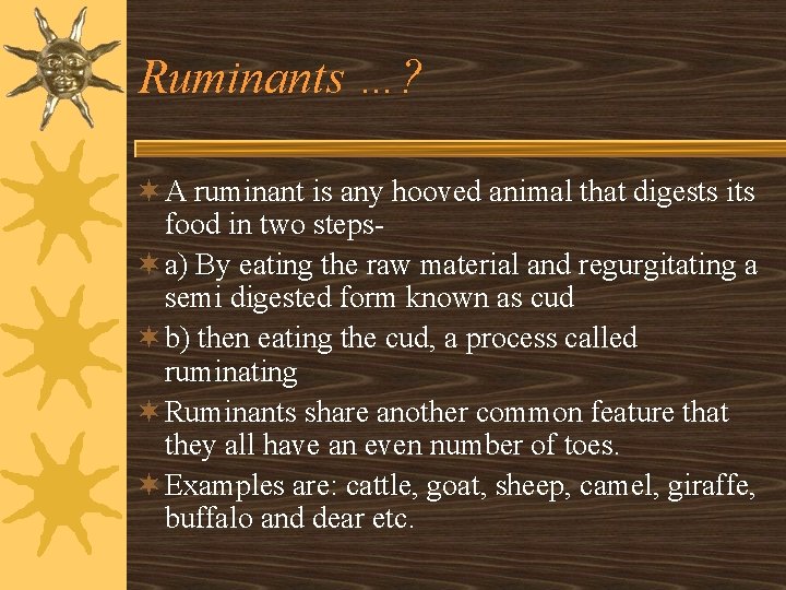 Ruminants …? ¬ A ruminant is any hooved animal that digests its food in