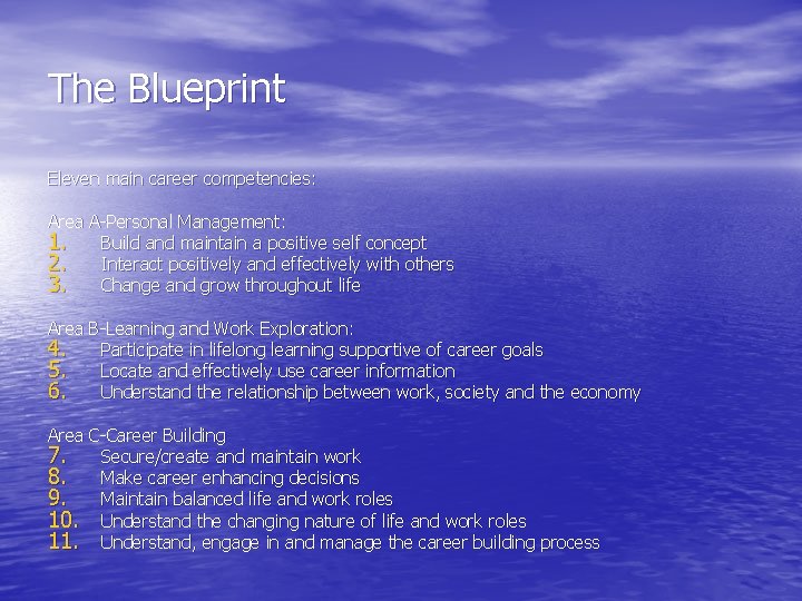 The Blueprint Eleven main career competencies: Area A-Personal Management: 1. Build and maintain a