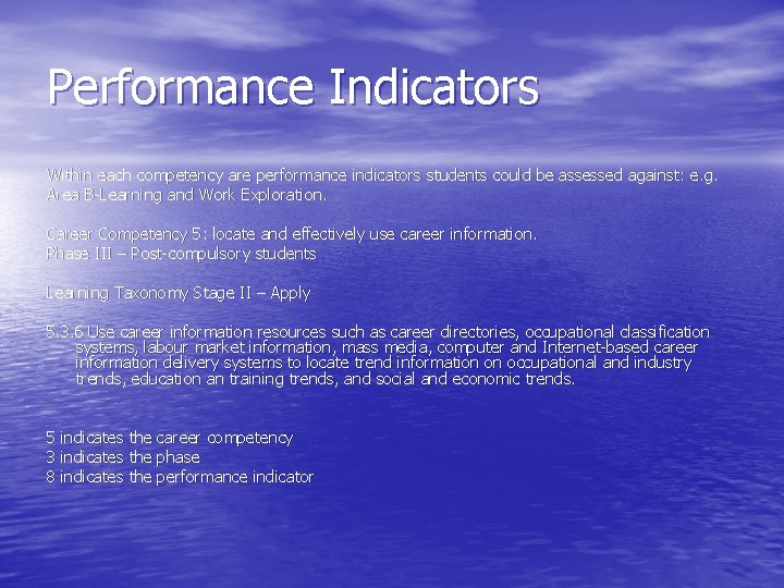 Performance Indicators Within each competency are performance indicators students could be assessed against: e.