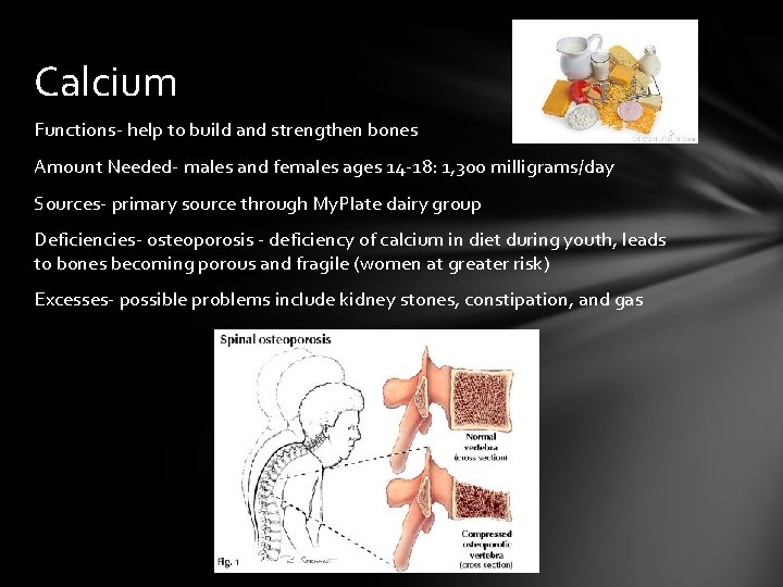 Calcium Functions- help to build and strengthen bones Amount Needed- males and females ages