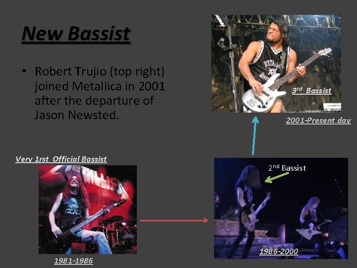 New Bassist • Robert Trujio (top right) joined Metallica in 2001 after the departure New Bassist • Robert Trujio (top right) joined Metallica in 2001 after the departure