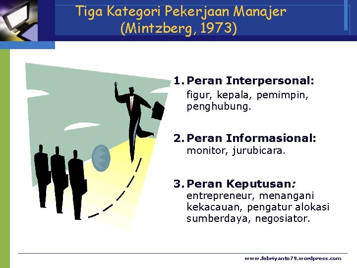 Tiga Kategori Pekerjaan Manajer (Mintzberg, 1973) 1. Peran Interpersonal: figur, kepala, pemimpin, penghubung. 2.