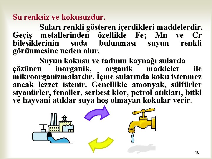 Su renksiz ve kokusuzdur. Suları renkli gösteren içerdikleri maddelerdir. Geçiş metallerinden özellikle Fe; Mn