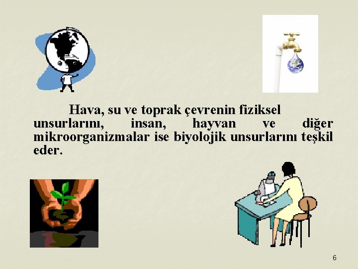 Hava, su ve toprak çevrenin fiziksel unsurlarını, insan, hayvan ve diğer mikroorganizmalar ise biyolojik