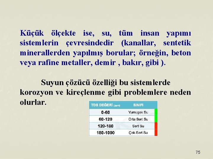 Küçük ölçekte ise, su, tüm insan yapımı sistemlerin çevresindedir (kanallar, sentetik minerallerden yapılmış borular;