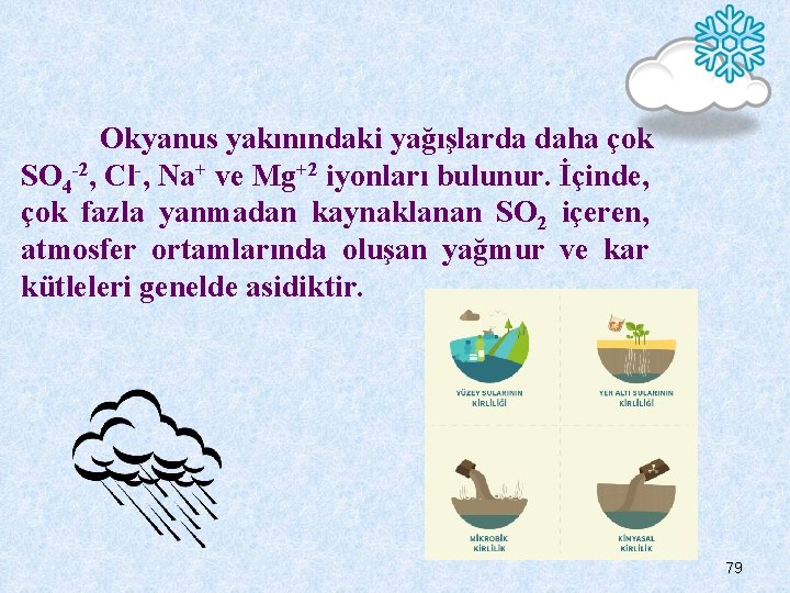 Okyanus yakınındaki yağışlarda daha çok SO 4 -2, Cl-, Na+ ve Mg+2 iyonları bulunur.