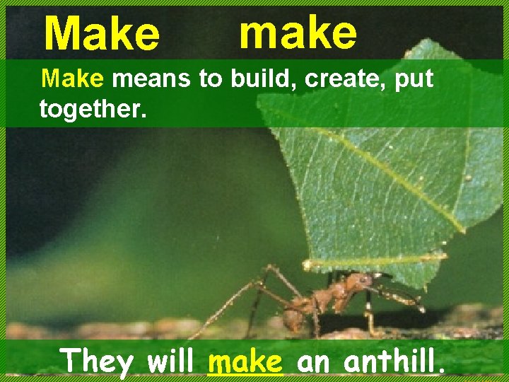 Make make Make means to build, create, put together. They will make an anthill.
