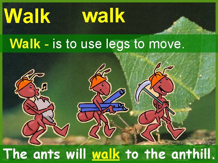 Walk walk Walk - is to use legs to move. The ants will walk