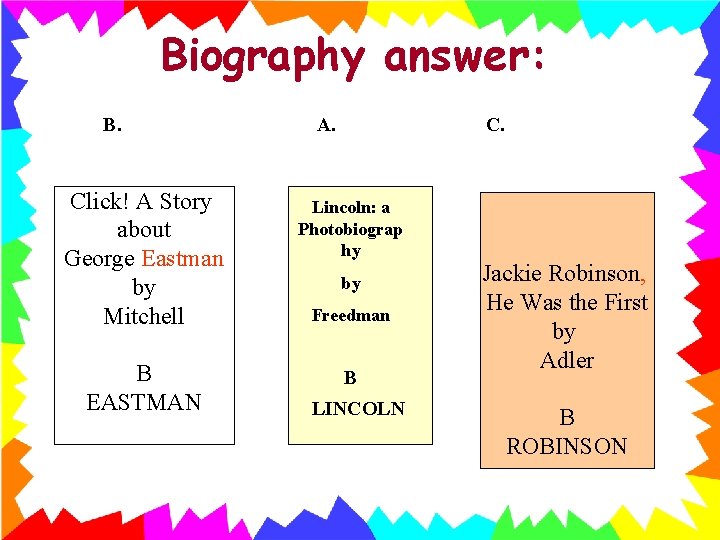 Biography answer: B. Click! A Story about George Eastman by Mitchell B EASTMAN A.