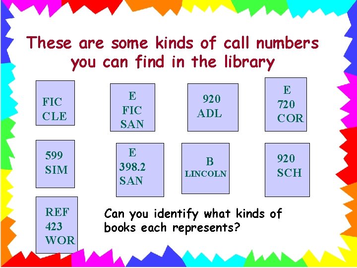 These are some kinds of call numbers you can find in the library FIC