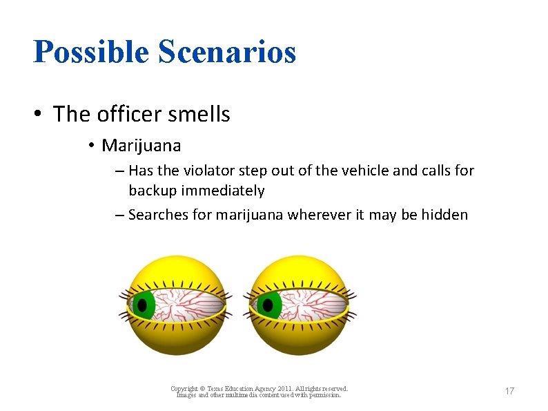 Possible Scenarios • The officer smells • Marijuana – Has the violator step out