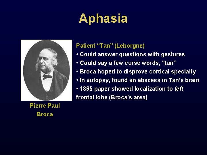 Aphasia Patient “Tan” (Leborgne) • Could answer questions with gestures • Could say a
