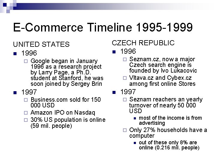 E-Commerce Timeline 1995 -1999 UNITED STATES n 1996 ¨ n Seznam. cz, now a