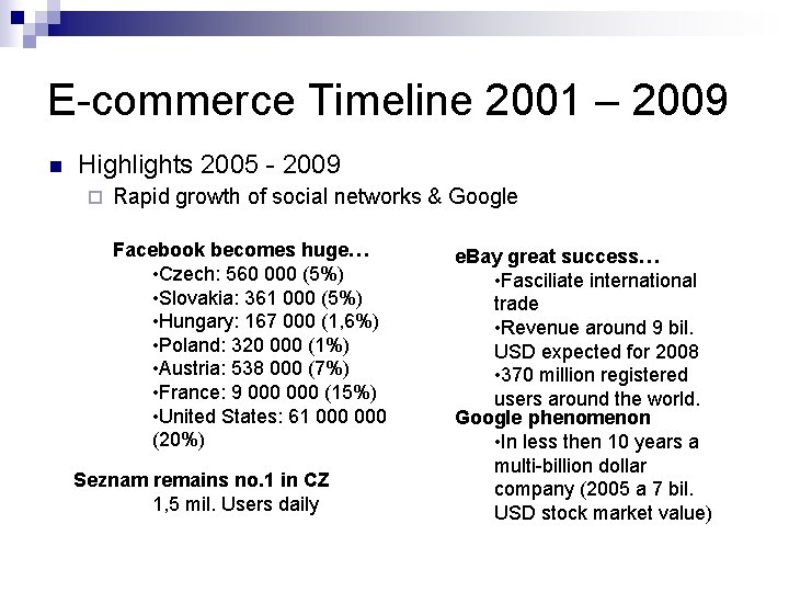 E-commerce Timeline 2001 – 2009 n Highlights 2005 - 2009 ¨ Rapid growth of