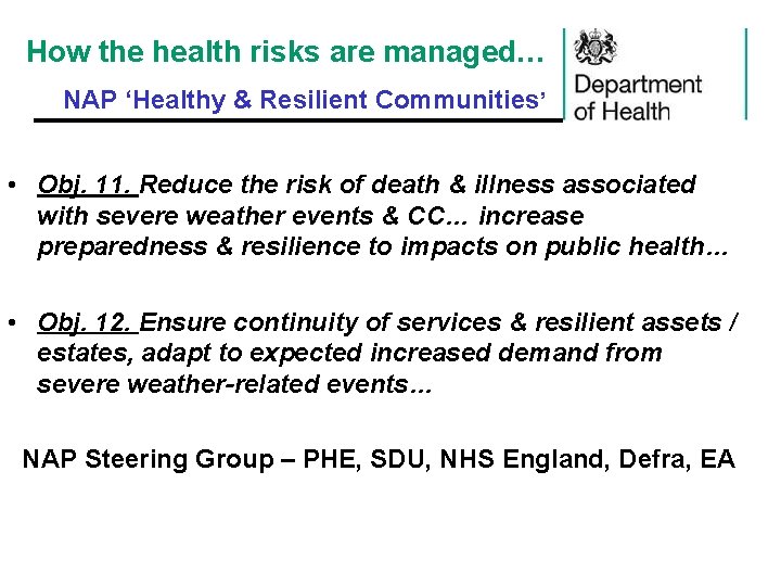 How the health risks are managed… NAP ‘Healthy & Resilient Communities’ • Obj. 11.