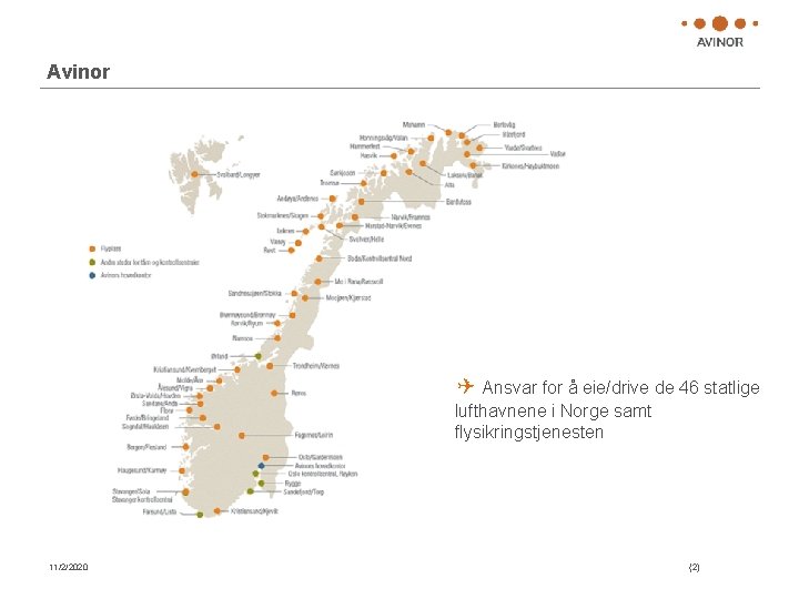 Avinor ✈ Ansvar for å eie/drive de 46 statlige lufthavnene i Norge samt flysikringstjenesten