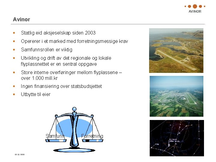 Avinor § Statlig eid aksjeselskap siden 2003 § Opererer i et marked med forretningsmessige