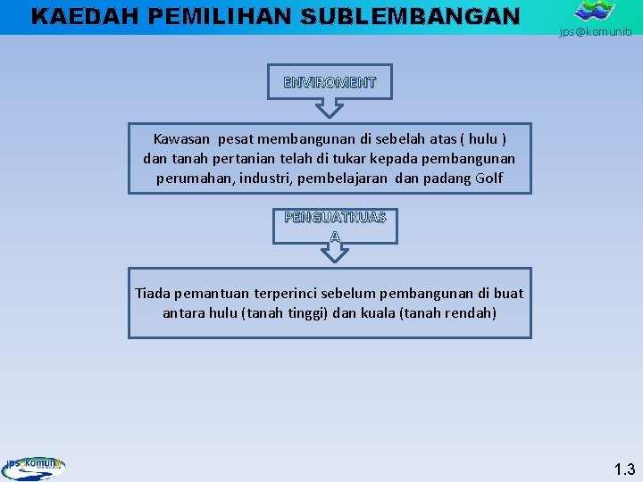 KAEDAH PEMILIHAN SUBLEMBANGAN jps@komuniti ENVIROMENT Kawasan pesat membangunan di sebelah atas ( hulu )