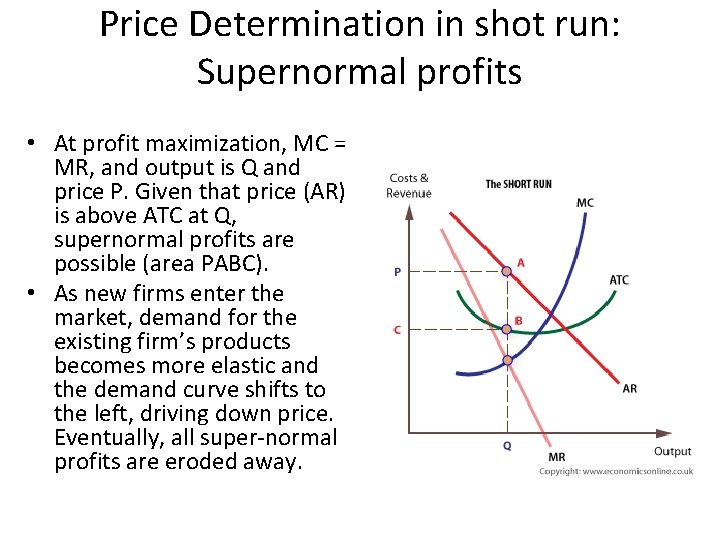 Price Determination in shot run: Supernormal profits • At profit maximization, MC = MR,