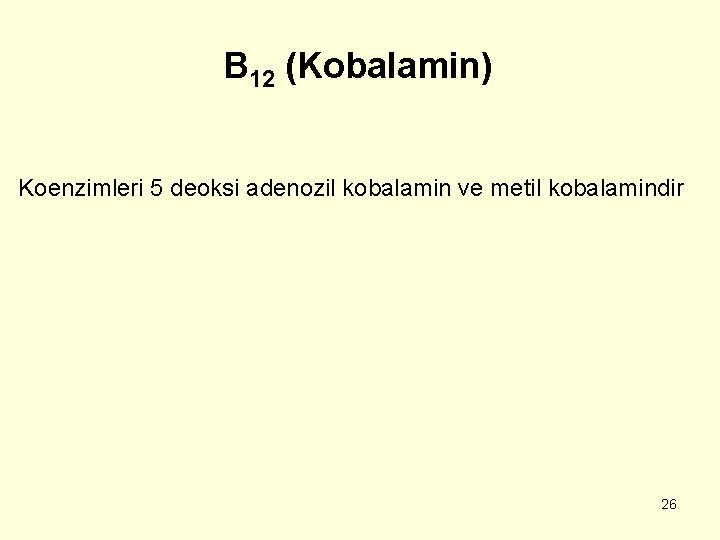 B 12 (Kobalamin) Koenzimleri 5 deoksi adenozil kobalamin ve metil kobalamindir 26 