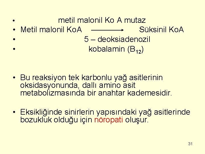 metil malonil Ko A mutaz • Metil malonil Ko. A Süksinil Ko. A •