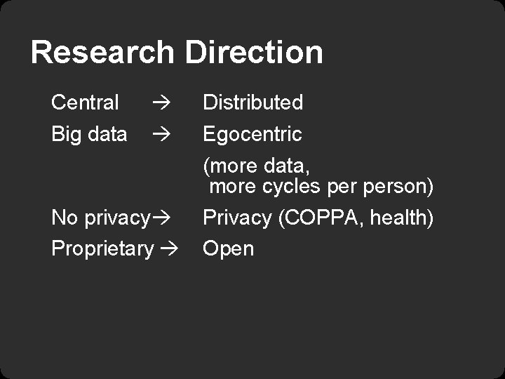 Research Direction Central Big data No privacy Proprietary Distributed Egocentric (more data, more cycles