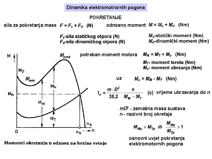 Dinamika elektromotrornih pogona POKRETANJE sila za pokretanja mase odnosno moment Mprek Mmin potreban moment