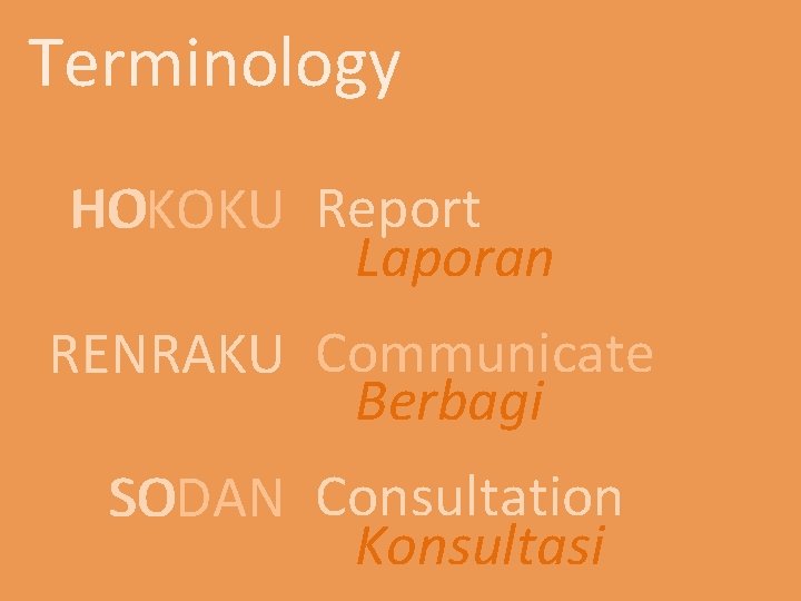 Terminology HO Report HOKOKU Laporan Communicate RENRAKU REN Berbagi Consultation SO SODAN Konsultasi 