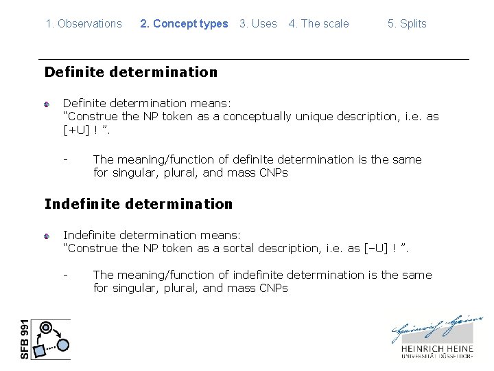 1. Observations 2. Concept types 3. Uses 4. The scale 5. Splits Definite determination