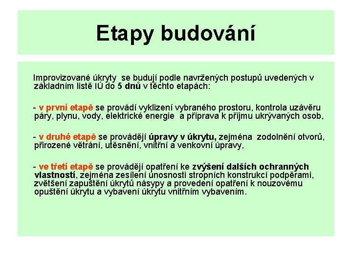 Etapy budování Improvizované úkryty se budují podle navržených postupů uvedených v základním listě IÚ