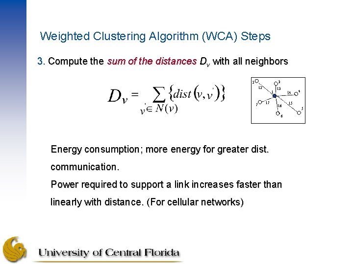 Weighted Clustering Algorithm (WCA) Steps 3. Compute the sum of the distances Dv with