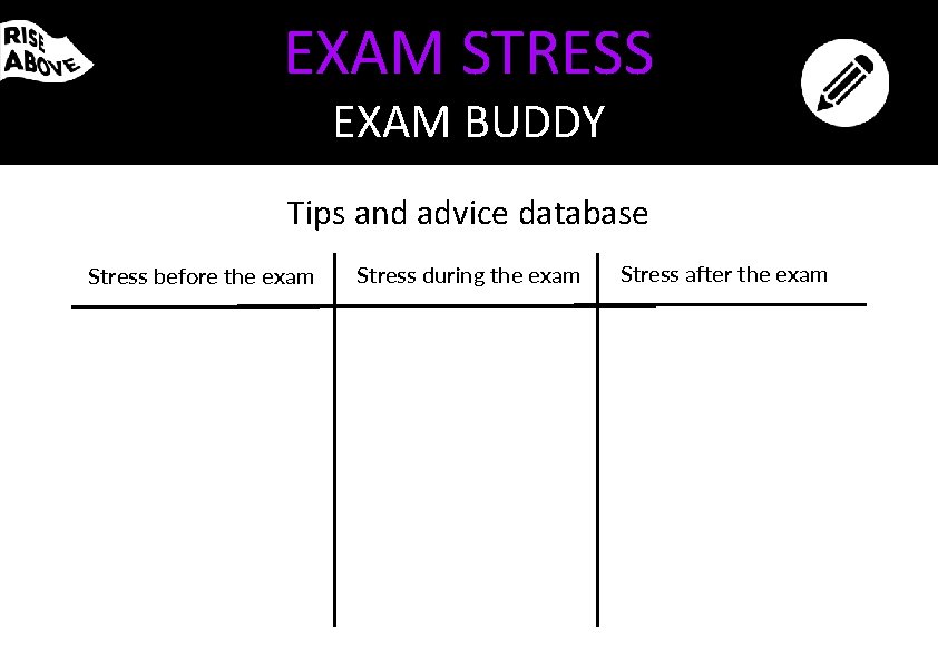 EXAM STRESS EXAM BUDDY Tips and advice database Stress before the exam Stress during