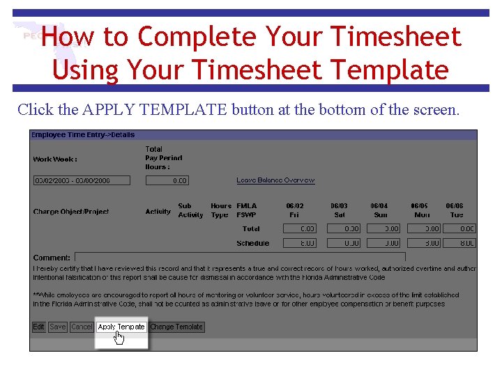 How to Complete Your Timesheet Using Your Timesheet Template Click the APPLY TEMPLATE button How to Complete Your Timesheet Using Your Timesheet Template Click the APPLY TEMPLATE button