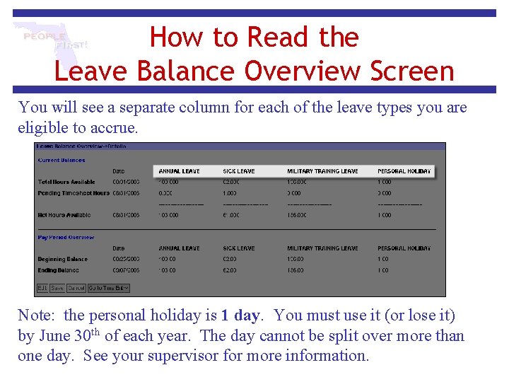 How to Read the Leave Balance Overview Screen You will see a separate column