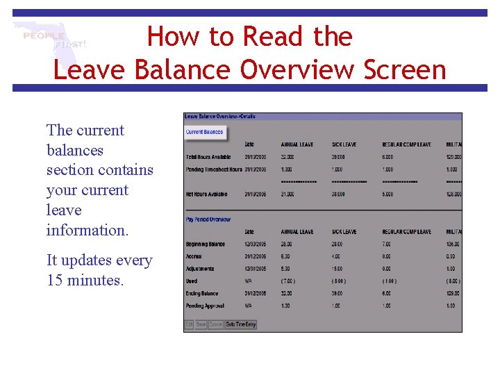 How to Read the Leave Balance Overview Screen The current balances section contains your How to Read the Leave Balance Overview Screen The current balances section contains your